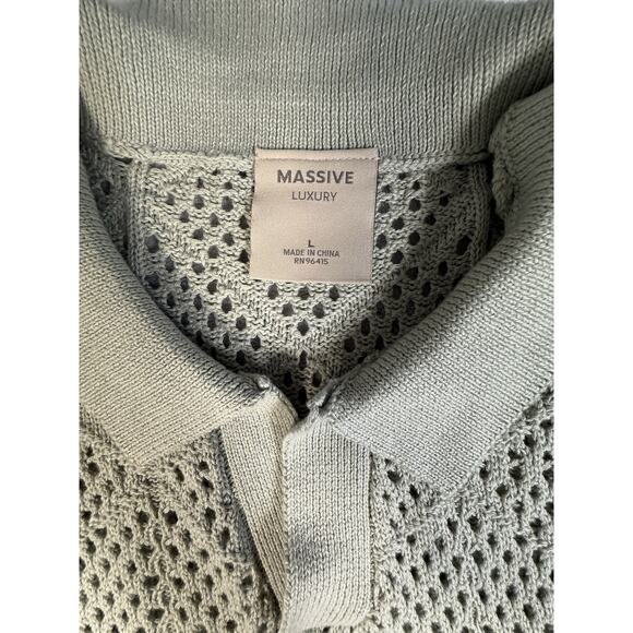 Massive Luxury Mens Large Sage Green Knit Polo Short Sleeve Pocket NYC - Picture 1 of 9